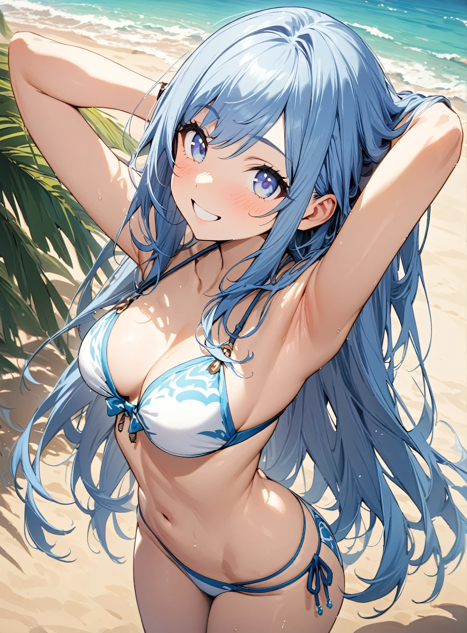 whole body, (female): 1girl, solo, (perfect face), (detailed outfit), (20 years old girl), beautiful female, happy, (smiling), blue hair, long hair, blue eyes, (bikini:1.2), (bikini only), (sandy beach): (masterpiece:1.4), (best quality), (high res), Perfect body,hands behind the head