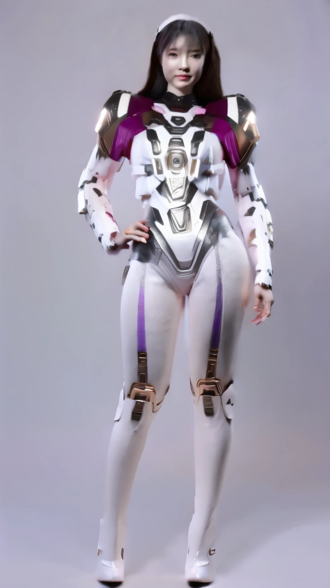 RAW, Masterpiece, Ultra Fine Photo,, Best Quality, Ultra High Resolution, Photorealistic, Sunlight, Full Body Portrait, Stunningly Beautiful,, Dynamic Poses, Delicate Face, Vibrant Eyes, a full body of a woman in a purple and white gundam custume, dybamic pose, long brown very very long hair rapunzel, girl in mecha cyber armor, portrait armored astronaut girl, d. va from overwatch, female mecha, on a gundam, gundam head, chiho aoshima color scheme, mobile suit, streamlined purple armor, fully robotic!! girl, realistic cosplay, gundam armor , full body, sit down, full body