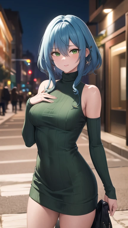 masterpiece, best quality, highres, Villhaze, short hair, green eyes, breasts, sweater dress, turtleneck, sleeveless, night, street,