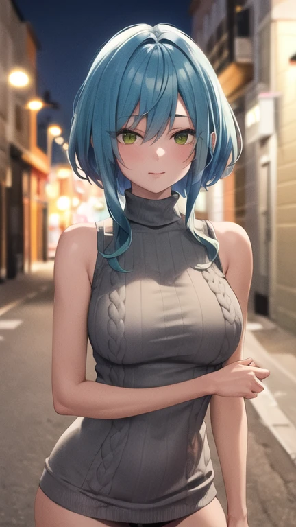 masterpiece, best quality, highres, Villhaze, short hair, green eyes, breasts, sweater dress, turtleneck, sleeveless, night, street,