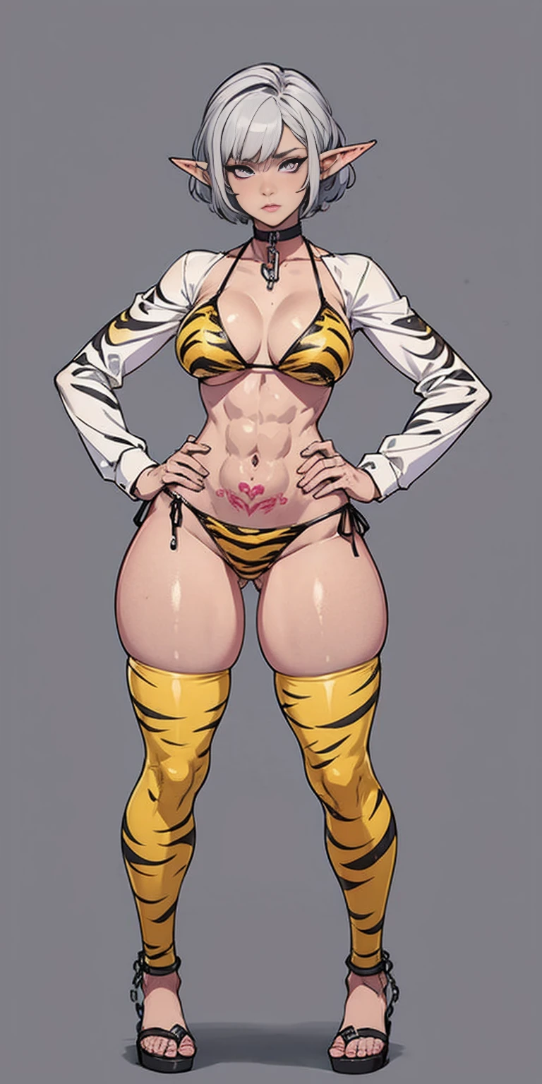 (Masterpiece, grey background:1.2) full body standing straight symmetrical looking to the viewer, view from below, far shot, cow boy shot, purple skin, drow, elf, 1girl, mature, purple eyes, pinched eyes, short silver white hair cut (yellow tiger bikini print long sleeves and long stockings) abs, navel, big knockers, tatter rags, leather choker, chain collar, stomach tattoo (red tattoo) hands on hips, wide hips, thick thighs, metal sandals
