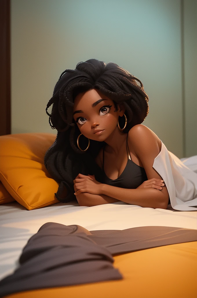 Africana cabelo Black Power preto. dormindo em uma cama. usando nada. janela com vista para o mar. cobertor preto sobre ela. image angle on the back. arte desenho