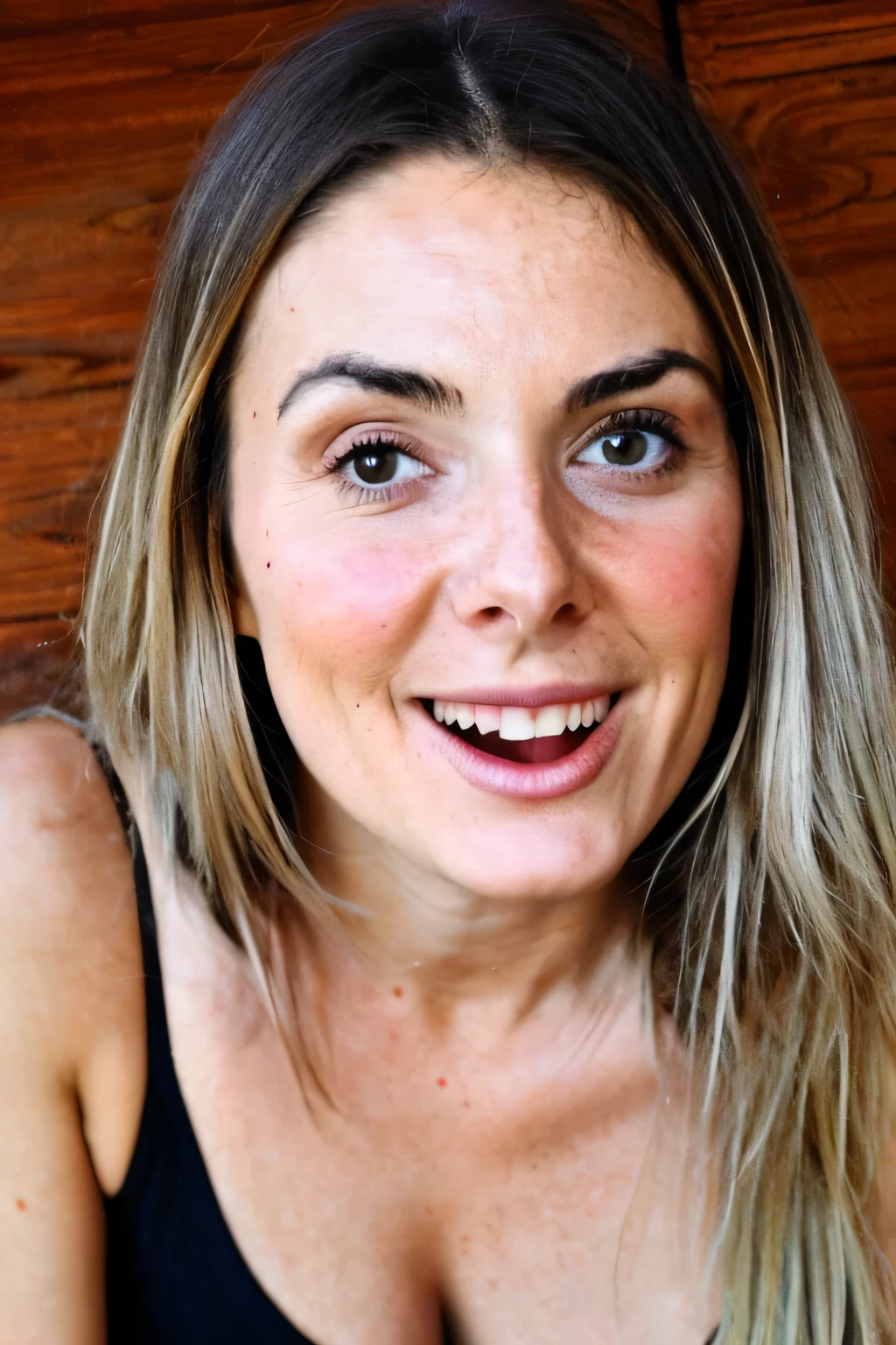 30 year old woman with quirky and funny face. Face with marks and expression of good humor. Posicionado de frente
