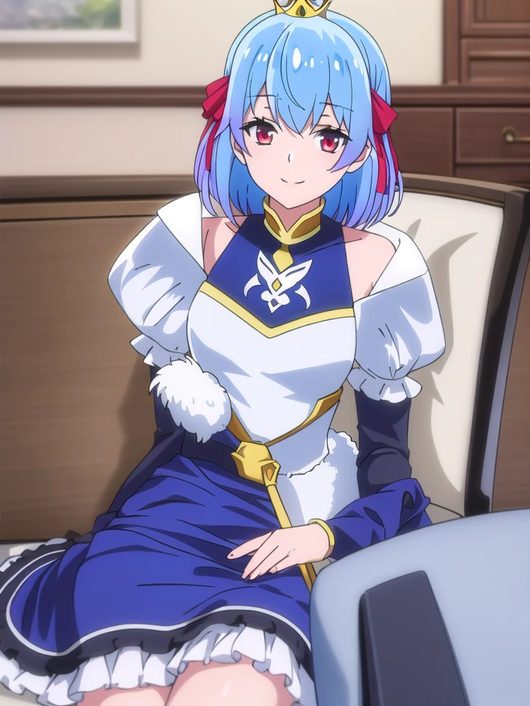 ((Best quality))),((Ultra-detailed)),((illustration)),((Disheveled hair)),((frilld)),(1 girl),(Solo), 1girl,bangs,blunt_bangs,blurry,blurry_foreground,bow,crown,depth_of_field,dress,indoors,jewelry,short_hair,photo_(medium),pov,sitting,smile,solo_focus,tiara,rating:safe,Princess_dress, blue_hair,red_eyes,