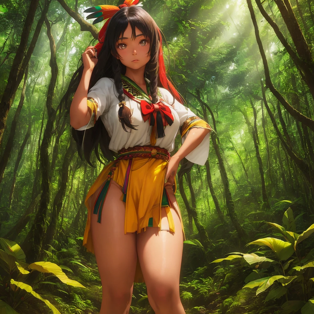 a young indigenous girl, 21 years old, perfect body, wearing traditional indigenous clothing, standing in a lush forest, holding a bow, adventurous gaze, hyper detailed, 8k, photorealistic, award winning digital art, masterpiece, vibrant colors, natural lighting, chiaroscuro, dramatic composition,Big breasts, big ass