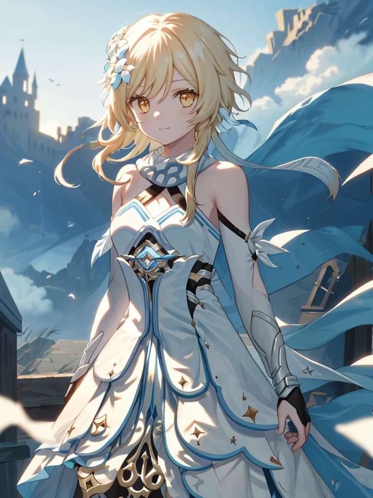 luminedef, The upper part of the body, ssmile, Be red in the face, exteriors, daysieackgound, blue-sky, long whitr hair, Skysky, chies, looking at viewert, stairwayont, moody light,Genre painting