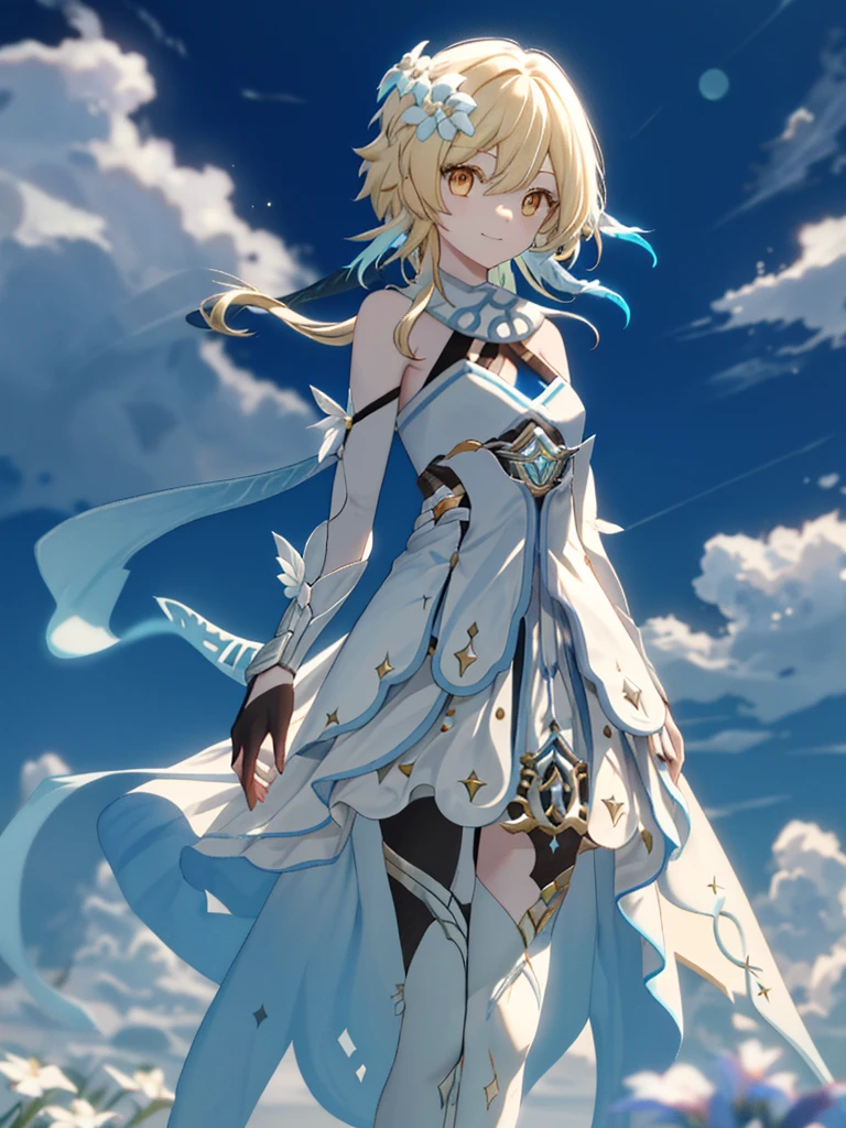 luminedef， The upper part of the body， ssmile， Be red in the face， exteriors， daysieackgound， blue-sky， long whitr hair， Skysky， chies， looking at viewert， stairwayont， moody light，Genre painting