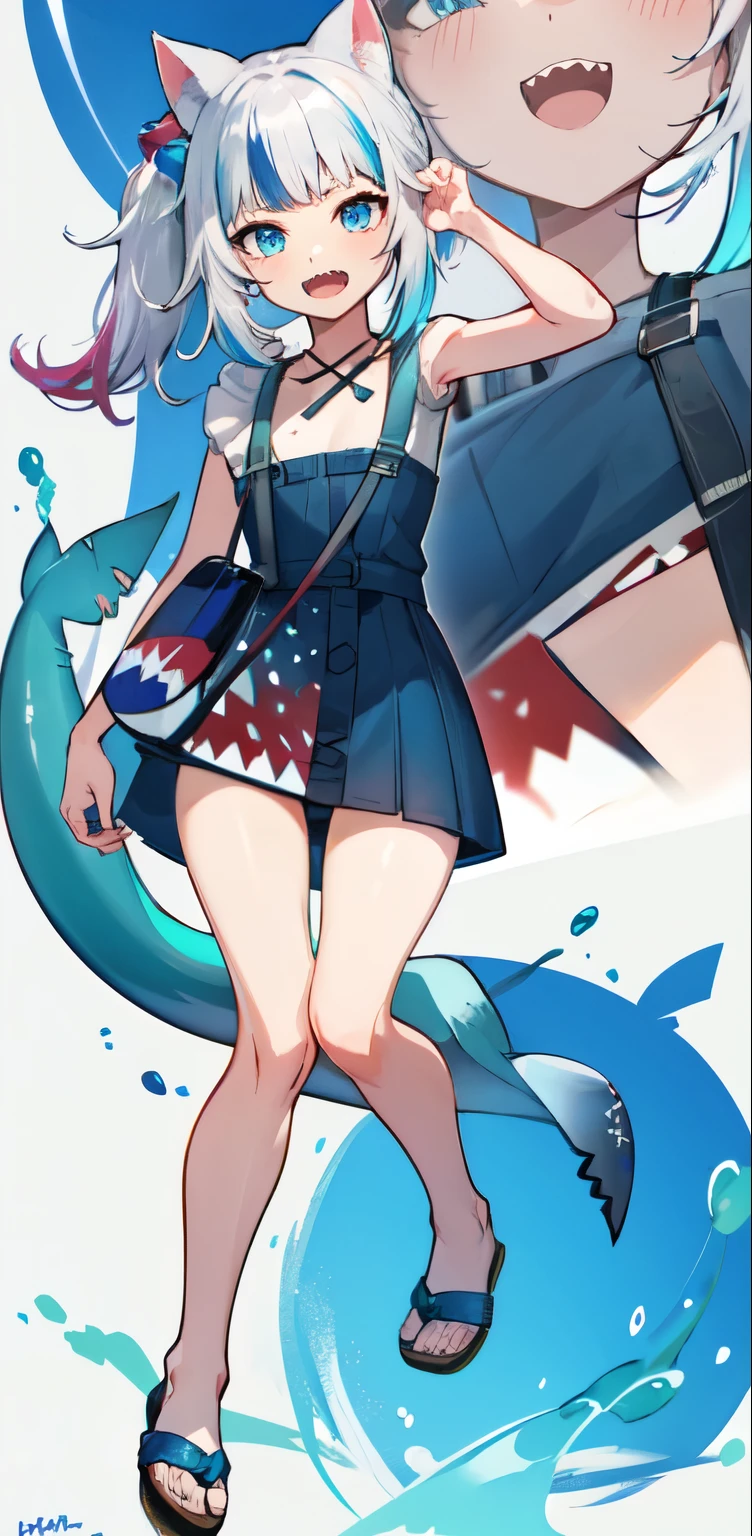masterpiece, high quality, houshouBikini, highres, absurdres, ultra-detailed, detailed eyes, 8k, ti-emb_kobo-kanaeru, 1girl, colorful eyes, fangs, open mouth, bangs, colorful background, looking at viewer, vibrant, contrast, gradient hair, happy, graffiti wall background, water splash, close up, small breast, 2d, masterpiece, best quality, anime, highly detailed, full body, 1girl, solo, gura_neko, blue dress, cat ears, side ponytail, cube hair ornament, sandals, :d, sharp teeth, shark tail, shoulder bag,  shore town