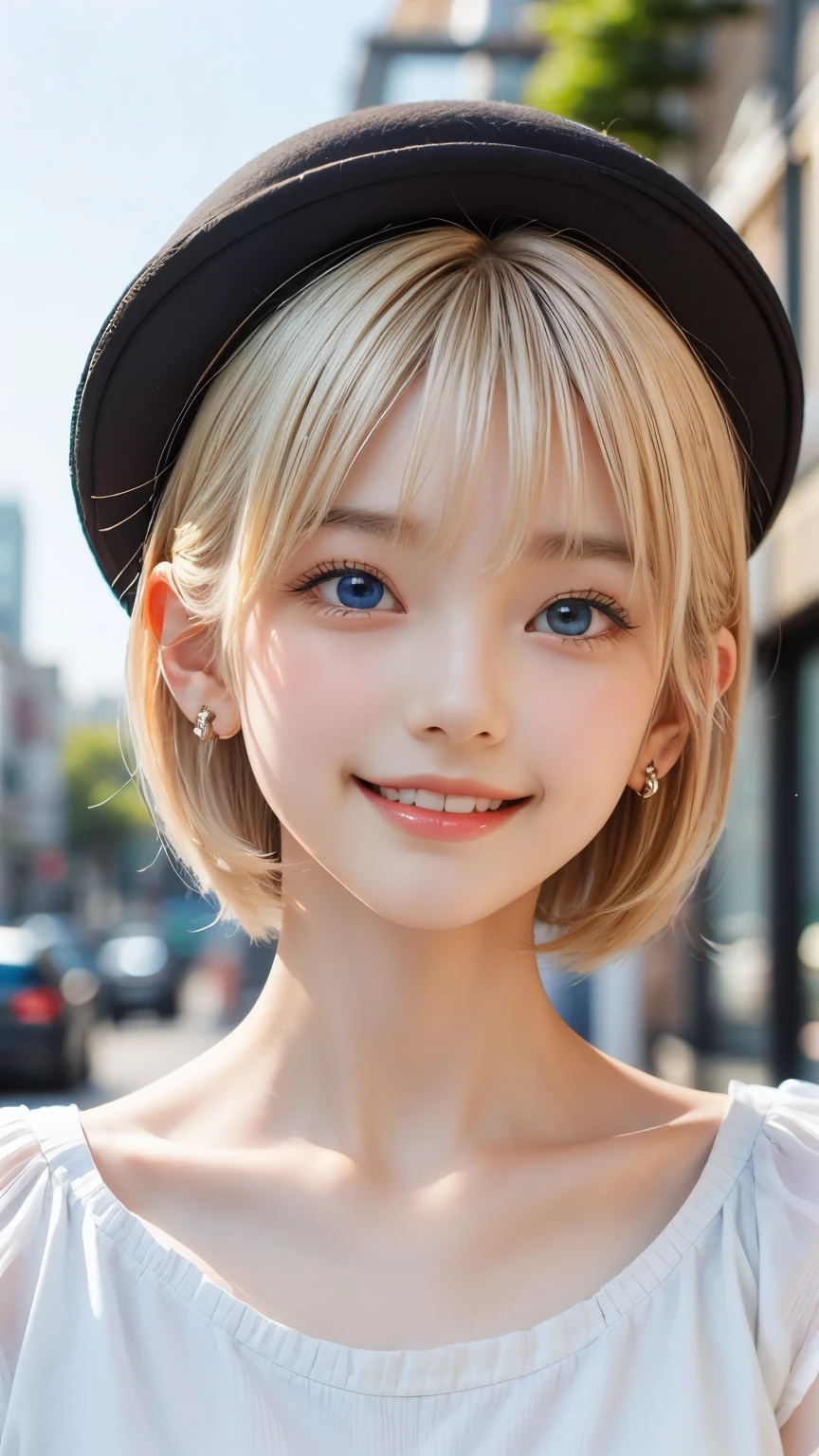 detailed face, cute face, master piece , best quality , woman , bowler hat , bangs , smile , outdoor, Shiny platinum blonde silky super short hair, side locks, beautiful shiny bangs, big clear sky blue eyes, very beautiful light eye highlights,  earrings
