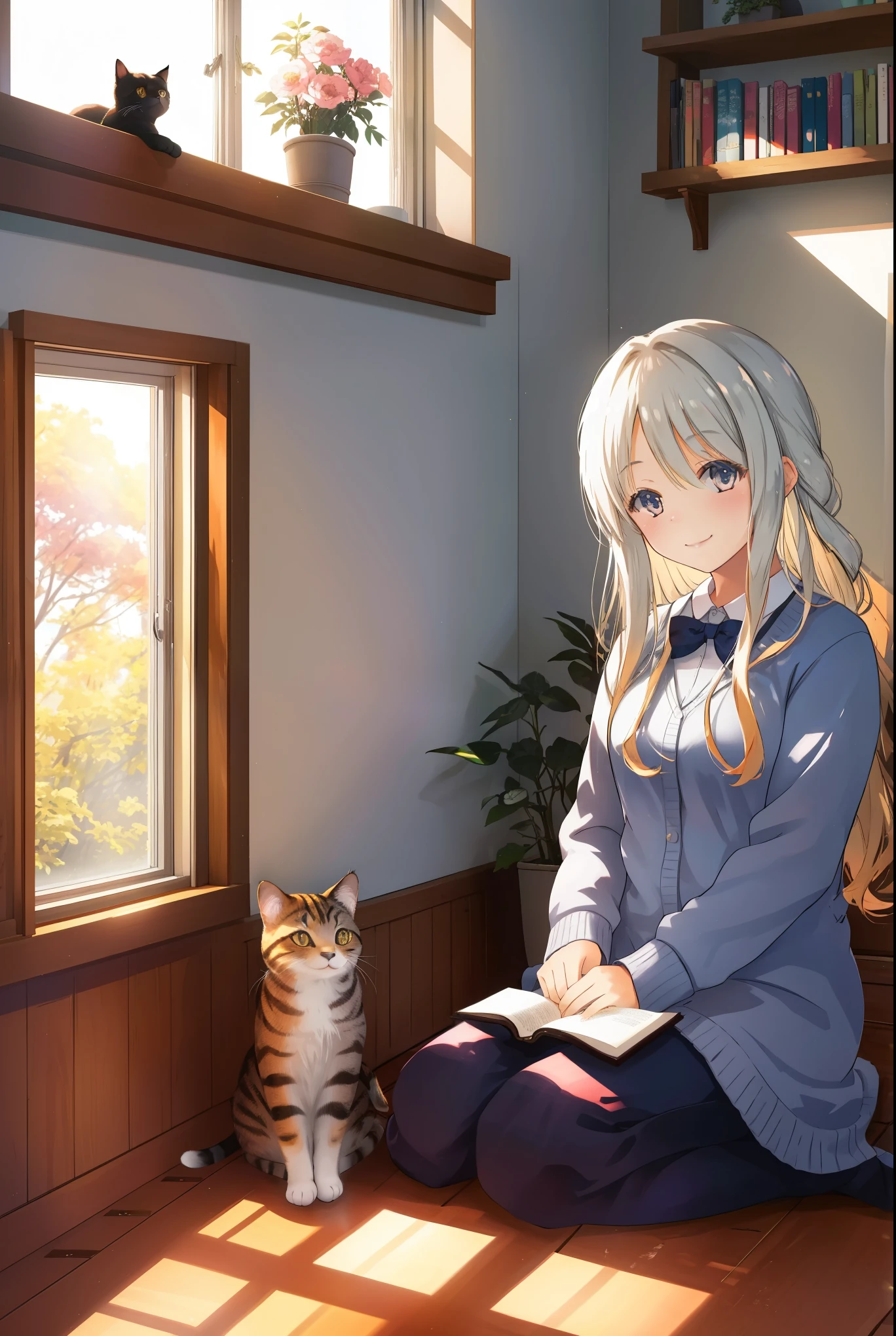 1girl,cat,girl with cat,sunlit room,cozy atmosphere,warm and inviting,home environment,bright afternoon sunlight,window seat,books,smiling girl,peaceful,serene setting,soft colors,girl with cat enjoying sunlit room,beautiful interior,relaxed vibe