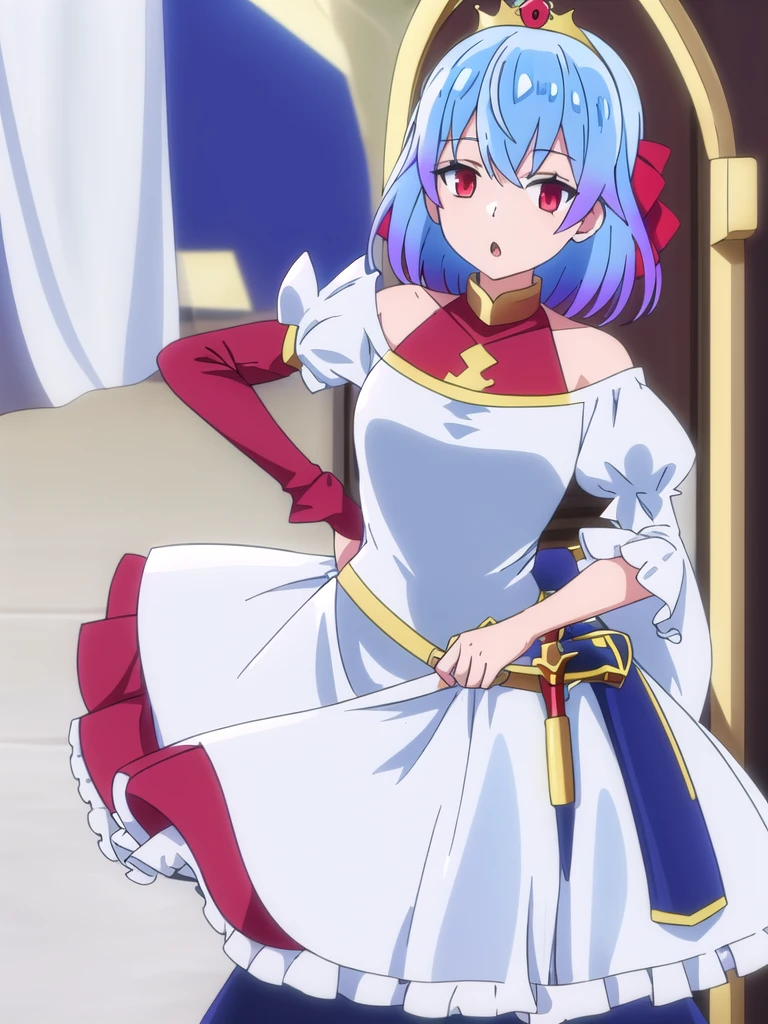 ((Best quality))), ((Ultra-detailed)), ((illustration)), ((Disheveled hair)), ((frilld)), (1 girl), (Solo), 1girl, holding, looking_at_viewer, open_mouth, solo, rating:safe, black_bow, bow, clothing, crown, dress, female, frilled_dress, frills, hair_flaps, headwear, juliet_sleeves, short_hair, long_sleeves, makaria, :o, puffy_sleeves, red_dress, scepter, standing, wide_sleeves blue_hair,red_eyes,