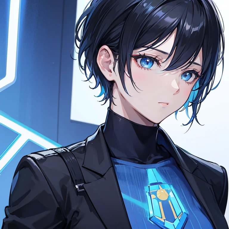 a close up of a person in a suit with a short haircut wearing a blue shirt and a black turtle neck t - shirt, Eve Ryder, star trek, a character portrait, dau-al-set, detailed, award winning, ultra realistic