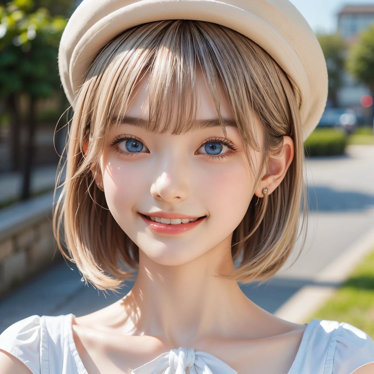 detailed face, cute face, master piece , best quality , woman , bowler hat , bangs , smile , outdoor, Shiny platinum blonde silky super short hair, side locks, beautiful shiny bangs, big clear sky blue eyes, very beautiful light eye highlights, earrings
