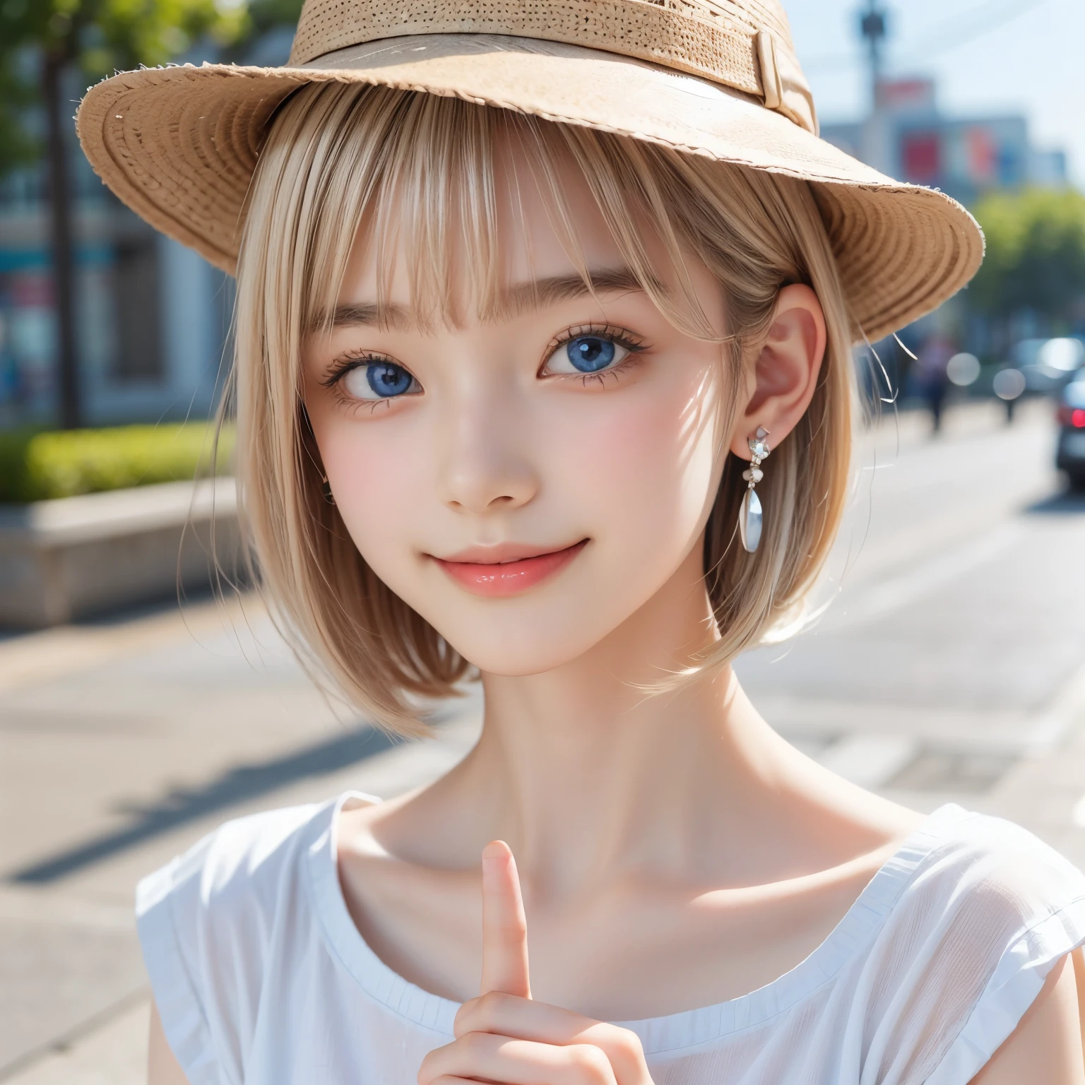 detailed face, cute face, master piece , best quality , woman , bowler hat , bangs , smile , outdoor, Shiny platinum blonde silky super short hair, side locks, beautiful shiny bangs, big clear sky blue eyes, very beautiful light eye highlights, earrings