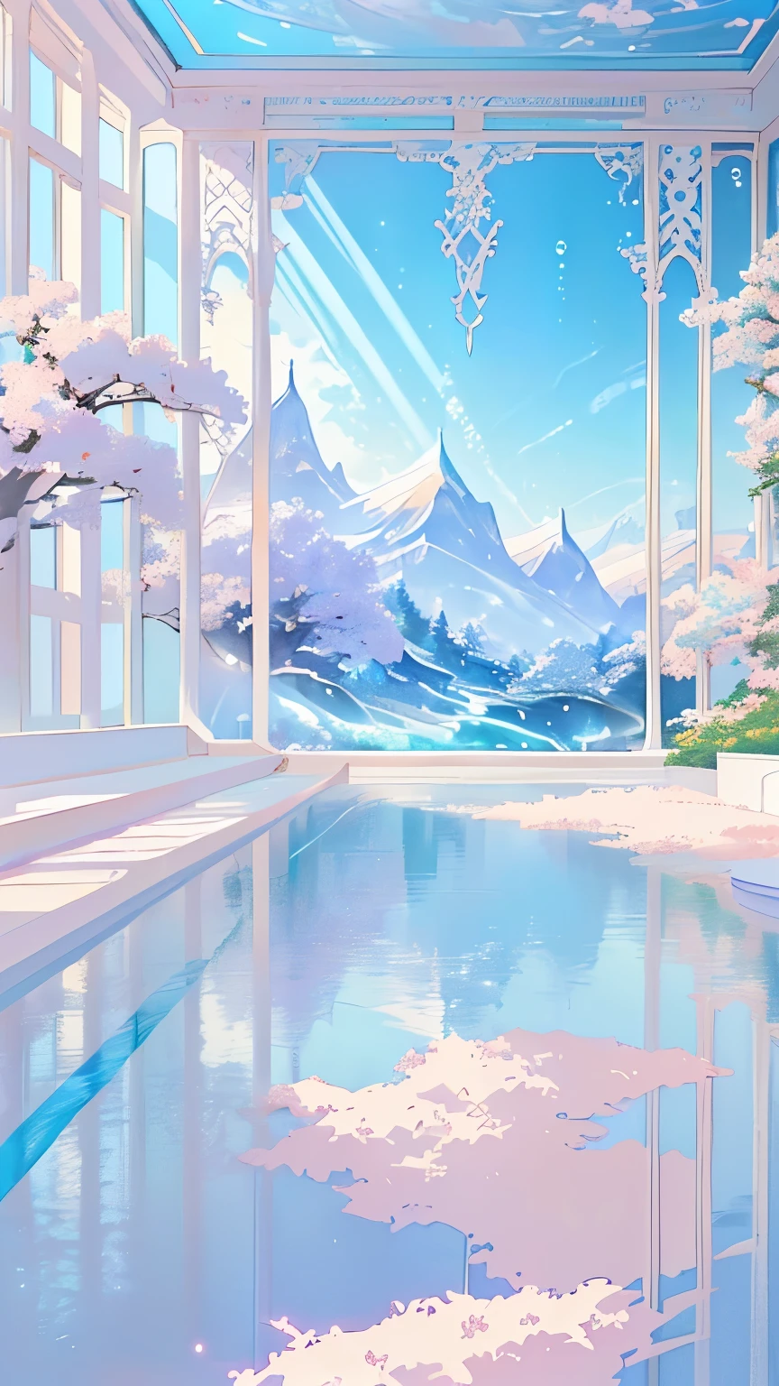 There is a white bed on the terrace next to the swimming pool, Anime Background art, Anime beautiful peaceful scene, Anime Background, Fantasy Landscape Art, Landscape Artwork, Detailed scenery —width 672, beautiful Anime Landscape, Bedroom Background, Anime Landscape, Beautiful anime scene, Dreamy and detailed, Personal room background, bubble landscape, Landscape wallpaper aesthetic, Relaxation concept art