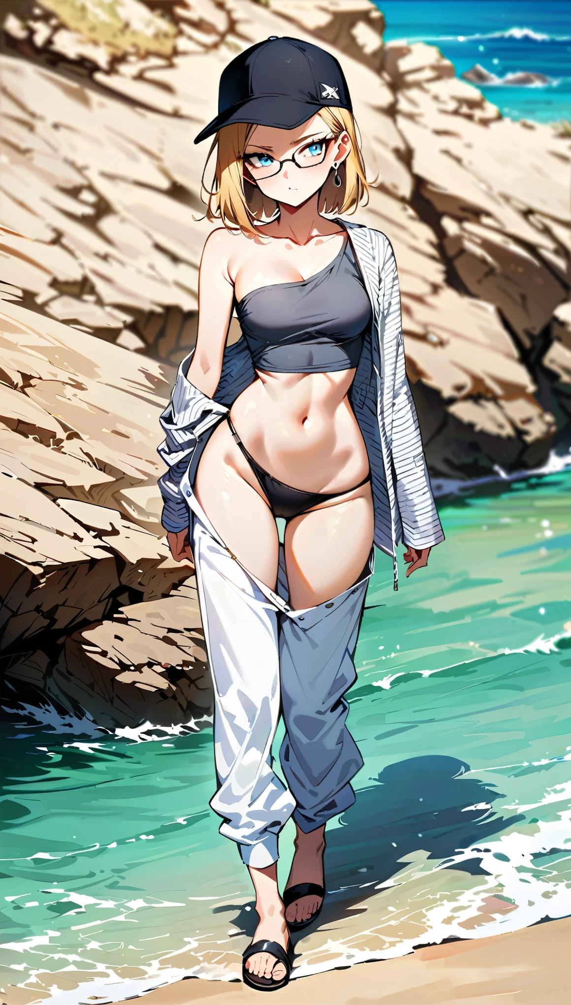 (masterpiece, best quality:1.2), full body shot, solo, Android 18 from Dragon Ball, collarbone, cleavage, (slip-on one-shoulder crop top), (gray top), midriff-baring, navel, (white baggy pants with one button undone), (exposing gray swimsuit underneath), skimpy thong swimsuit, small breasts, short blonde hair loose, (blue eyes), (wearing glasses), earrings on earlobes, slender feminine figure, narrow waistline, skinny body, (plane black baseball cap), beach sandals, sunlight, walking, beach, small island, Malta, facing the camera, blur background, 4K