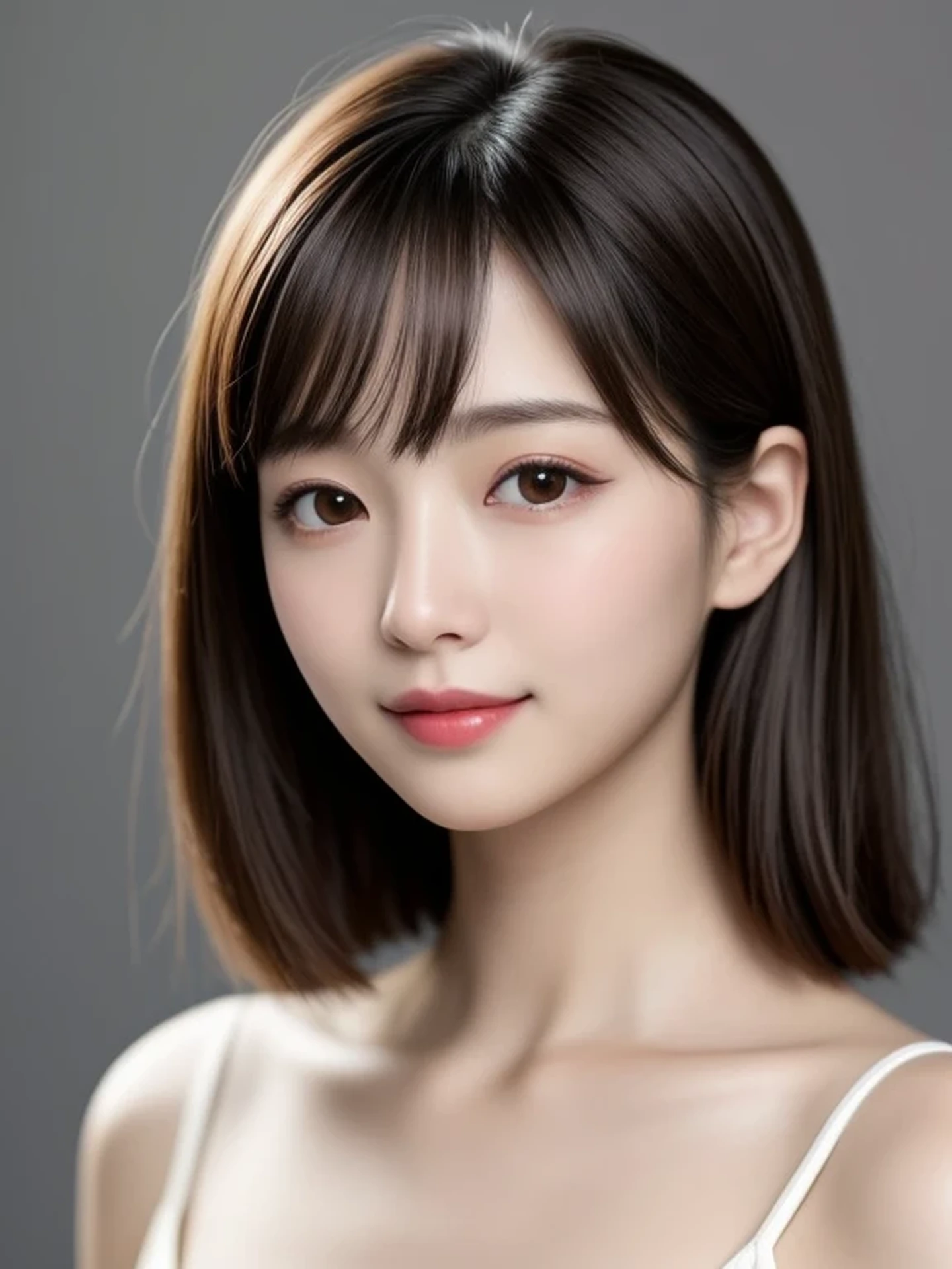 Beautiful Japanese Woman, Soft skin and a nice perfect face, A small face with a nose and rosy lips, Beautiful Eyes, Beautiful smile. black, Surrounded by a bright, ethereal glow、Thin, long, beautiful hair. A loose, short hairstyle with gradation highlights and layers of greyish beige, Navy skirt, Hyperrealistic female photos, High quality high resolution 8K masterpiece