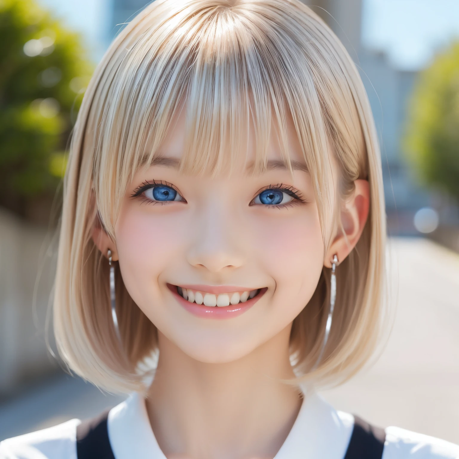 detailed face, cute face, master piece , best quality , woman , bowler hat , bangs , smile , outdoor, Shiny platinum blonde silky super short hair, side locks, beautiful shiny bangs, big clear sky blue eyes, very beautiful light eye highlights,  earrings
