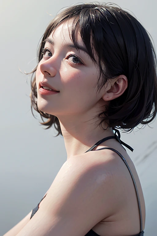 "(highest quality,8k,High resolution,masterpiece:1.2),Very detailed,(Realistic,photoRealistic,photo-Realistic:1.37),(Realistic:1.37),(Head to knee photo:1.5),One beautiful woman、short hair,Deep black eyes,21 years old,Light brown hair,Blue bikini,Moderate:Oil,Portrait of a Woman,smile,Vibrant colors,Soft lighting,Studio settings,Fine brushwork,White skin,Gentle expression,Subtle highlights,Thin hair bundle,A confident gaze,Classic black and white palette,Dramatic contrast,Bold composition,Mystery hint,Refined elegance,Professional Poses,Graceful posture,Perfect detail,Smooth skin texture,Perfect symmetry,The beauty of film: a mysterious smile,Sublime Art