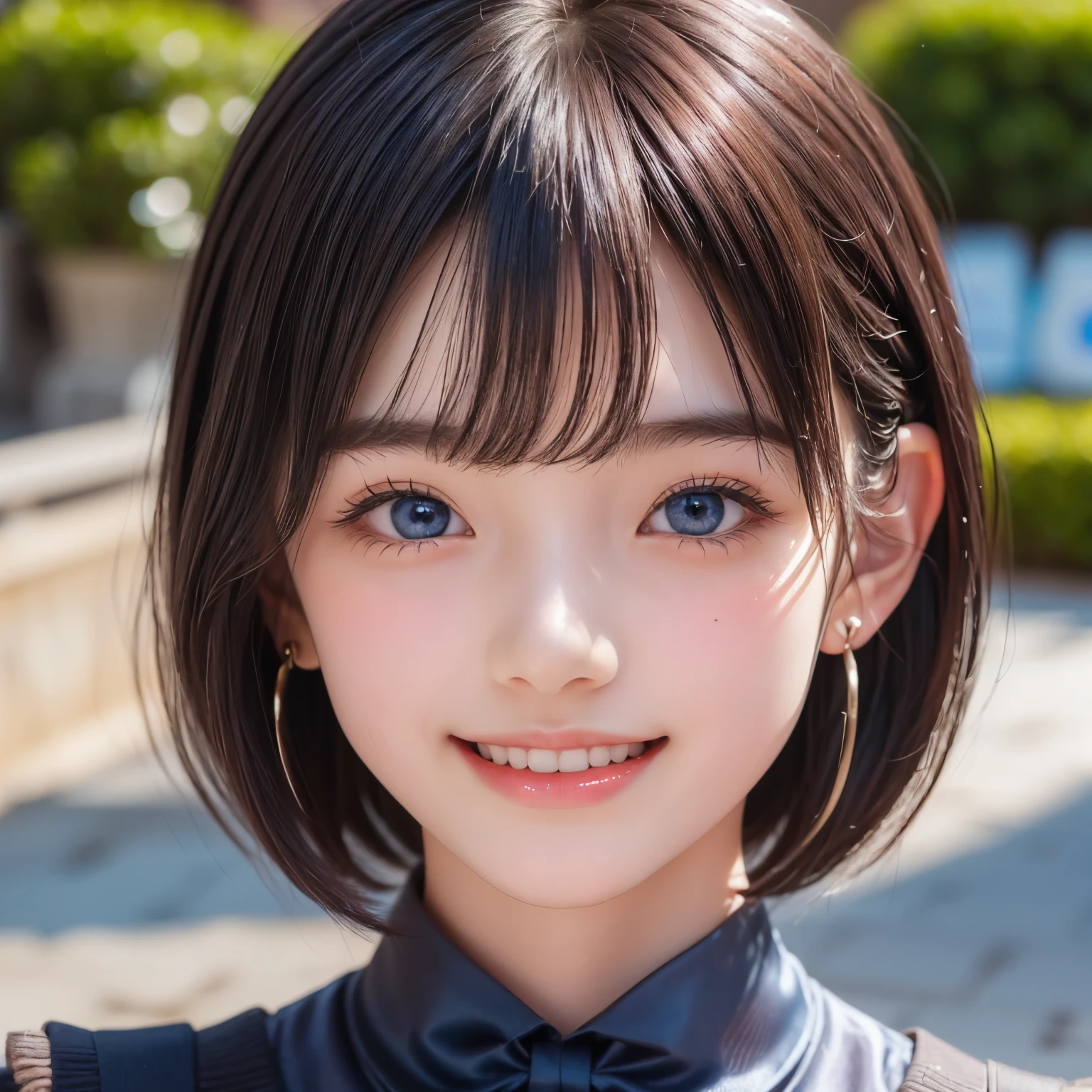 detailed face, cute face, master piece , best quality , woman , bowler hat , bangs , smile , outdoor, Shiny platinum blonde silky super short hair, side locks, beautiful shiny bangs, big clear sky blue eyes, very beautiful light eye highlights,  earrings
