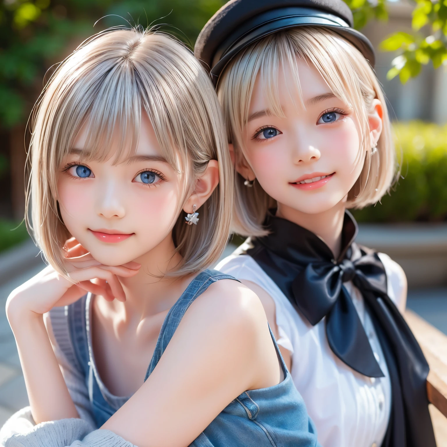 detailed face, cute face, master piece , best quality , woman , bowler hat , bangs , smile , outdoor, Shiny platinum blonde silky super short hair, side locks, beautiful shiny bangs, big clear sky blue eyes, very beautiful light eye highlights,  earrings
