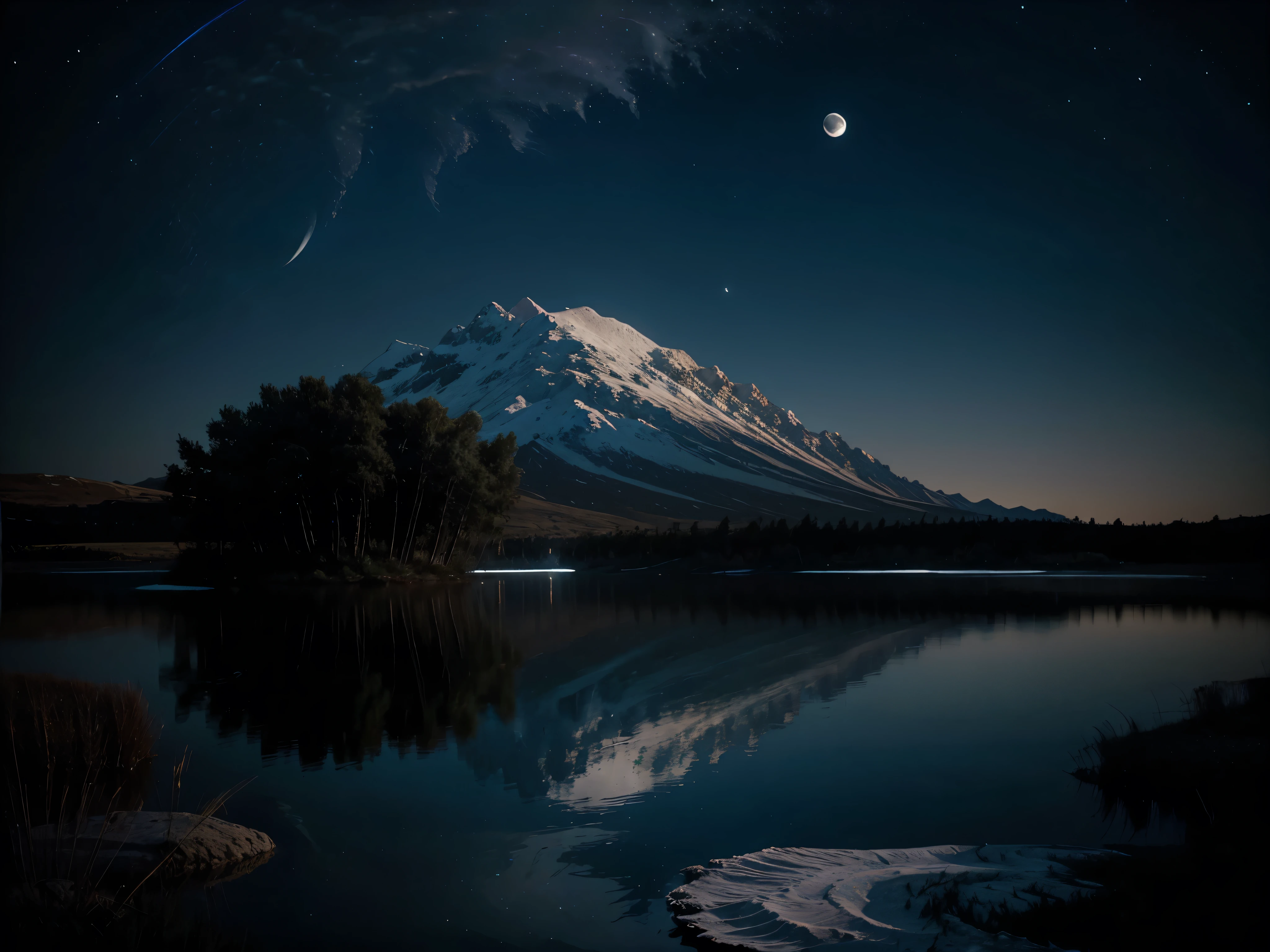 moon lighting a moonlit lake with cotton, in the style of cosmic landscapes, conceptual photography, scottish landscapes, associated press photo, radiant clusters, national geographic photo, photo-realistic compositions