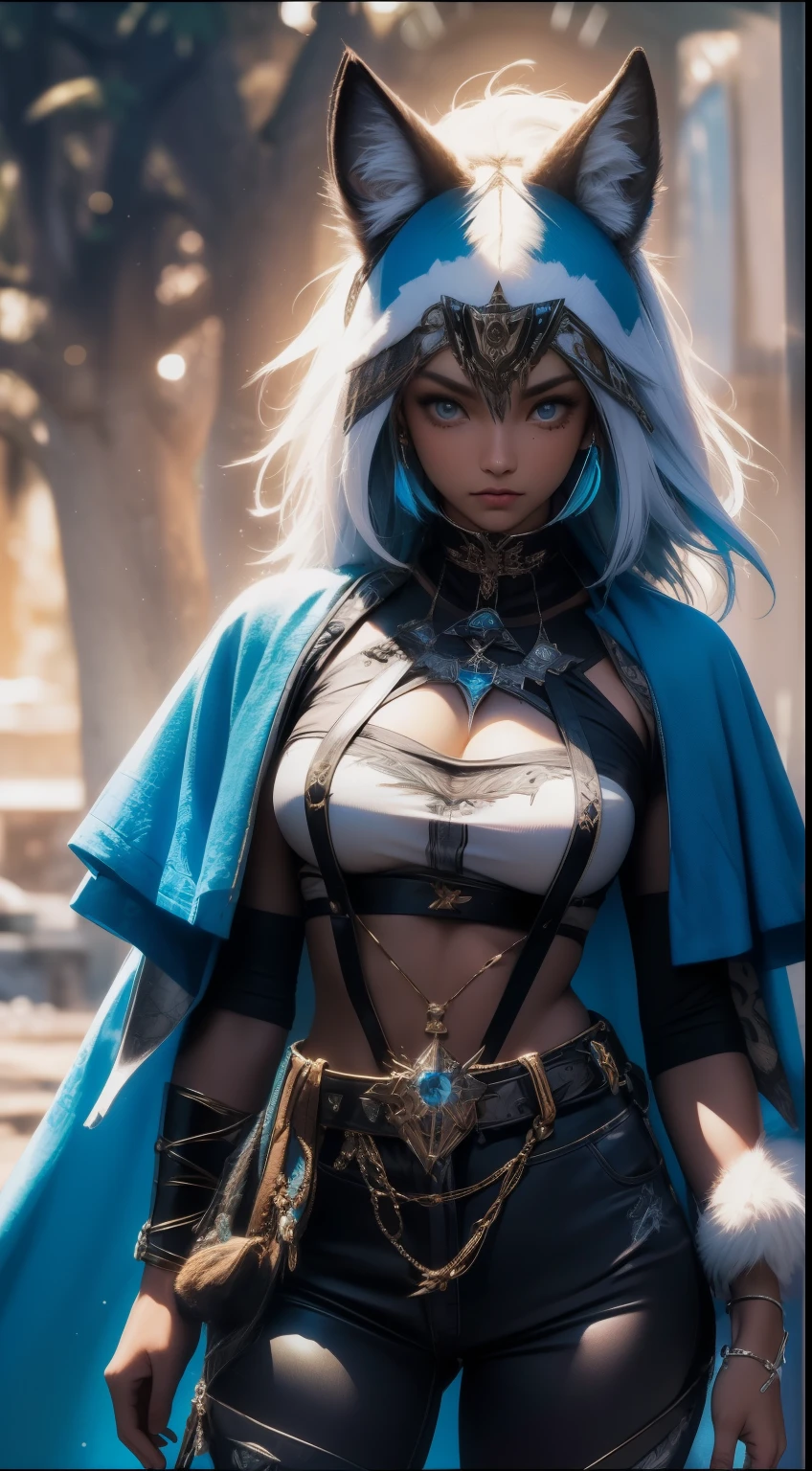 obra maestra, Disparo de vaquero, (1mujer), (Zorro blanco), (Vestimenta tribal:1.2), (Hermosos ojos azules), ((tribal (Aquila) tatuaje)), colores blanco y azul, Fondo brumoso, dynamic pose, (mirando al espectador), (vista frontal),( lobo:1.4),cuerpo detallado ,(desde el cielo), (bokeh:1.2),8K, 。...................3d, realista, Ultramicrophotography, Of the highest quality, Super detalle CG Unity 8K