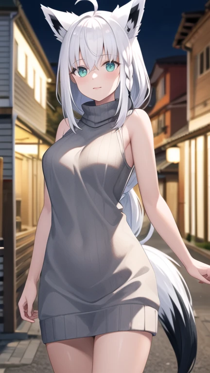 masterpiece, best quality, highres, Shirakami Fubuki, long hair, ahoge, animal ears, fox tail, breasts, outdoors, sweater dress, sleeveless, turtleneck, night, street, standing, cowboy shot,