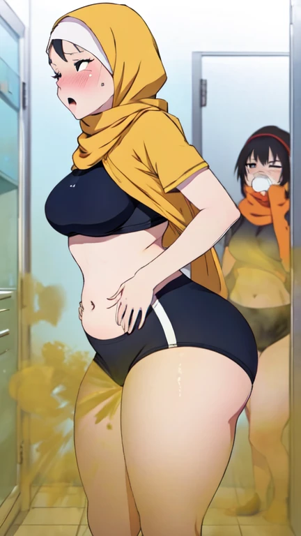 2 Asian girls, anime girls, both farting together side by side, desperate to poop, farting while standing, farting in public changing room, wearing sports clothing, hijab, stomach bloated, hands hugging stomach, pained expression, shocked and embarrassed, mouth open in shock, sweating, blushing, beautiful and cute face, anime art style, fit body, tall and thin, view from side, legs spread apart