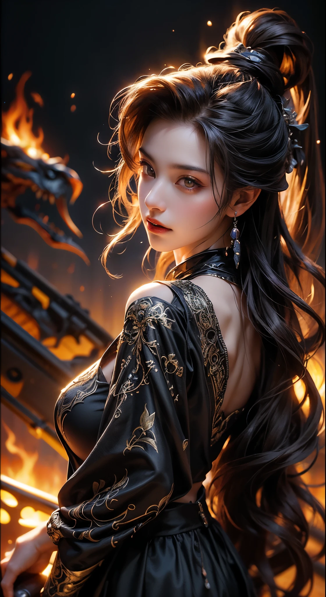 "(best quality,8K,High resolution,masterpiece:1.2),Dramatic,detailed,ultra-detailed,Practical,photoPractical:1.37,Moderate:painting,evil witch,Summon flames,Wheels within wheels,Moderate shot,Backlight,flourishing,Shimmer,Contrasting colors,Clear focus"
