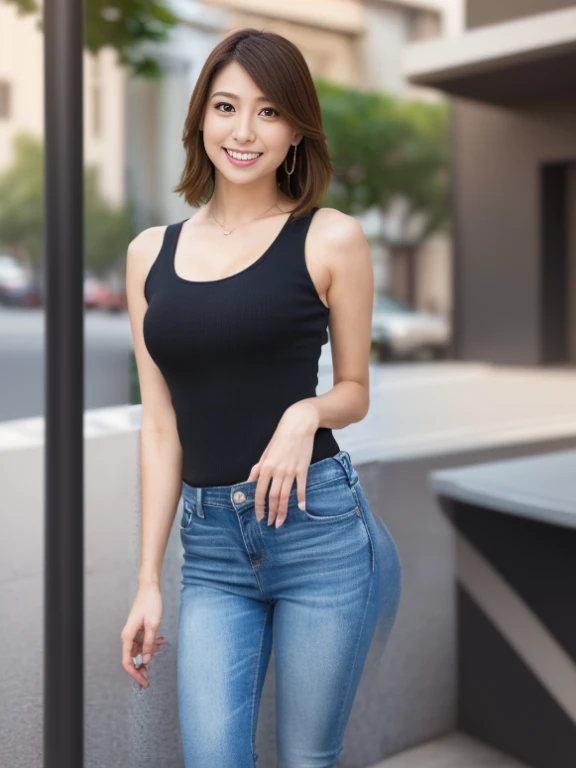 arafed asian woman in Black Tank Top and jeans posing for a picture, tight Black tank top, she is wearing a Black Tank Top, 黒のクロップドWearing a tank topいる, wearing a cropped Black Tank Top, wear tight, simple clothes, Black tank top, Tight-fitting tank top, Black Tank Top, Black Top, tight Black Tank Top and shorts, Wearing a tank top