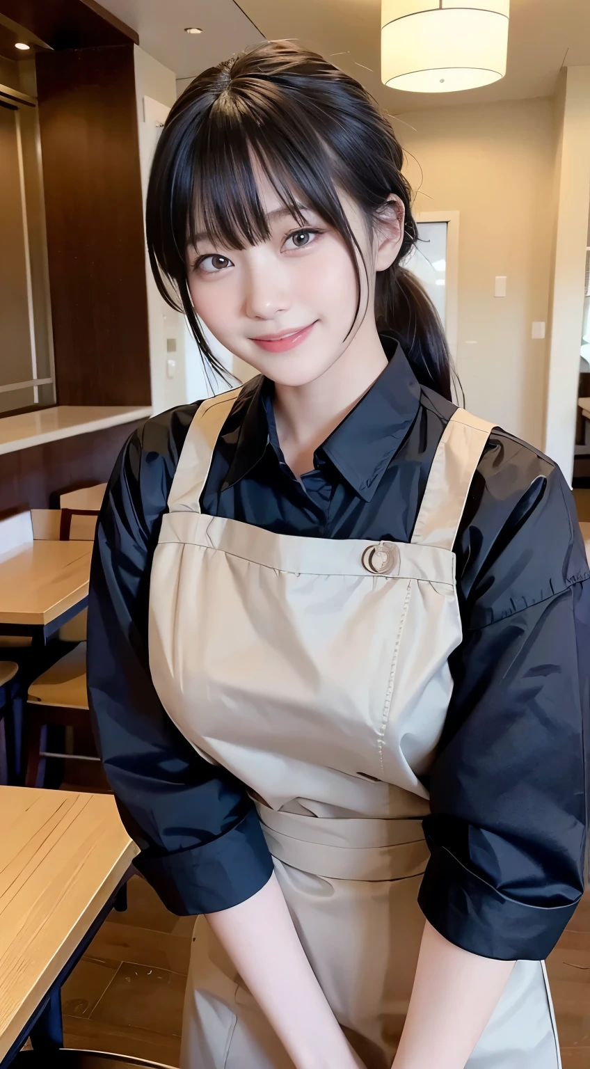 (highest quality,masterpiece:1.3,Ultra-high resolution,),(Very detailed,Caustics),(Photorealistic:1.4,RAW shooting,)Ultra-Realistic Capture,Very detailed,High resolution 16K human skin closeup。 Natural skin texture、,Pores、、、、It must be detailed enough to be easily identifiable。 Skin tone is even and healthy looking。 Use natural light and color,restaurant,Waitress Uniform,1 girl,Japanese,18-year-old,cute,Black-haired,ponytail,Big Breasts,smile,Turn your body forward,(Front view:1.1),Looking at the camera,Cowboy Shot,