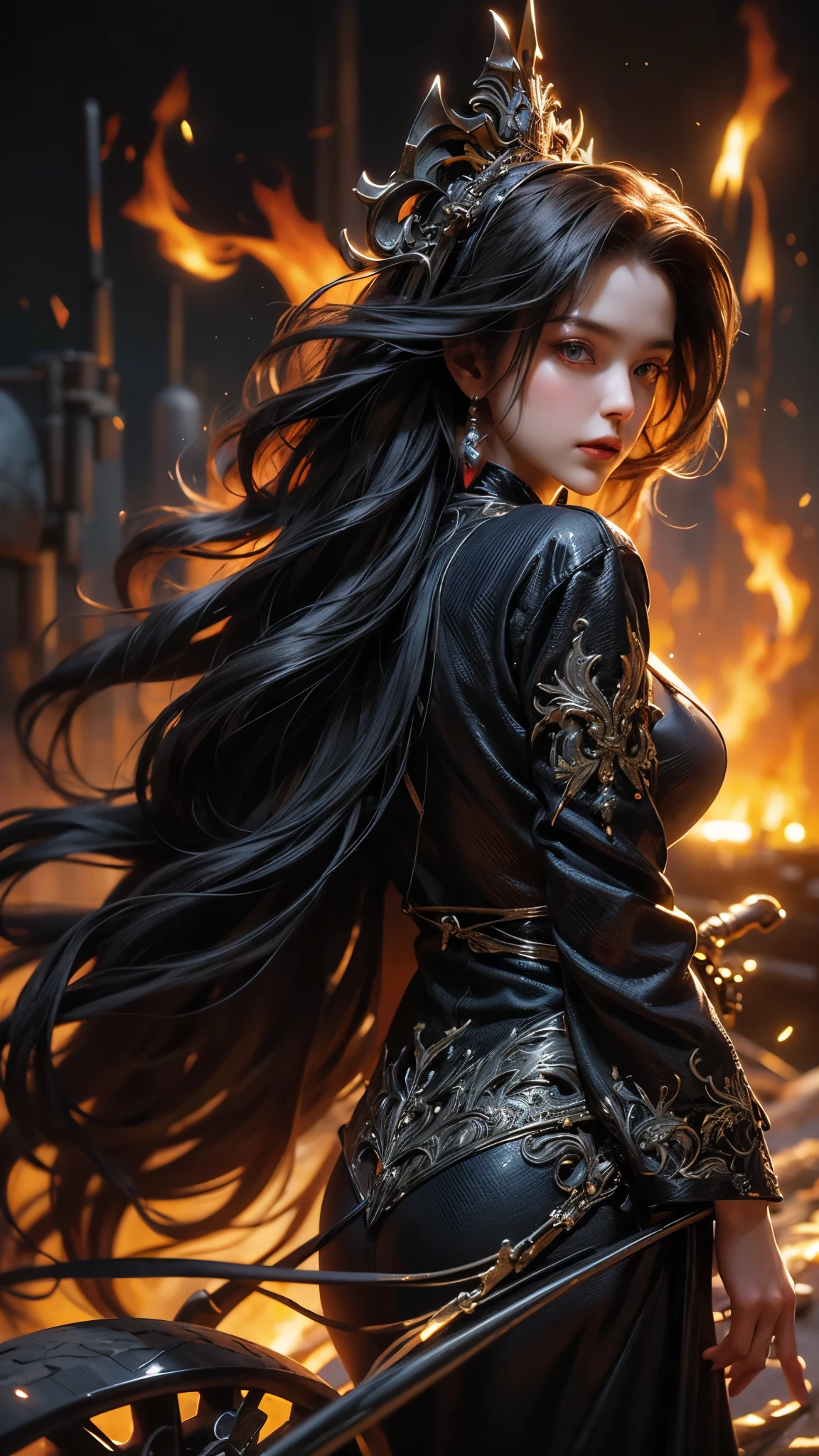 "(best quality,8K,High resolution,masterpiece:1.2),Dramatic,detailed,ultra-detailed,Practical,photoPractical:1.37,Moderate:painting,evil witch,Summon flames,Wheels within wheels,Moderate shot,Backlight,flourishing,Shimmer,Contrasting colors,Clear focus"