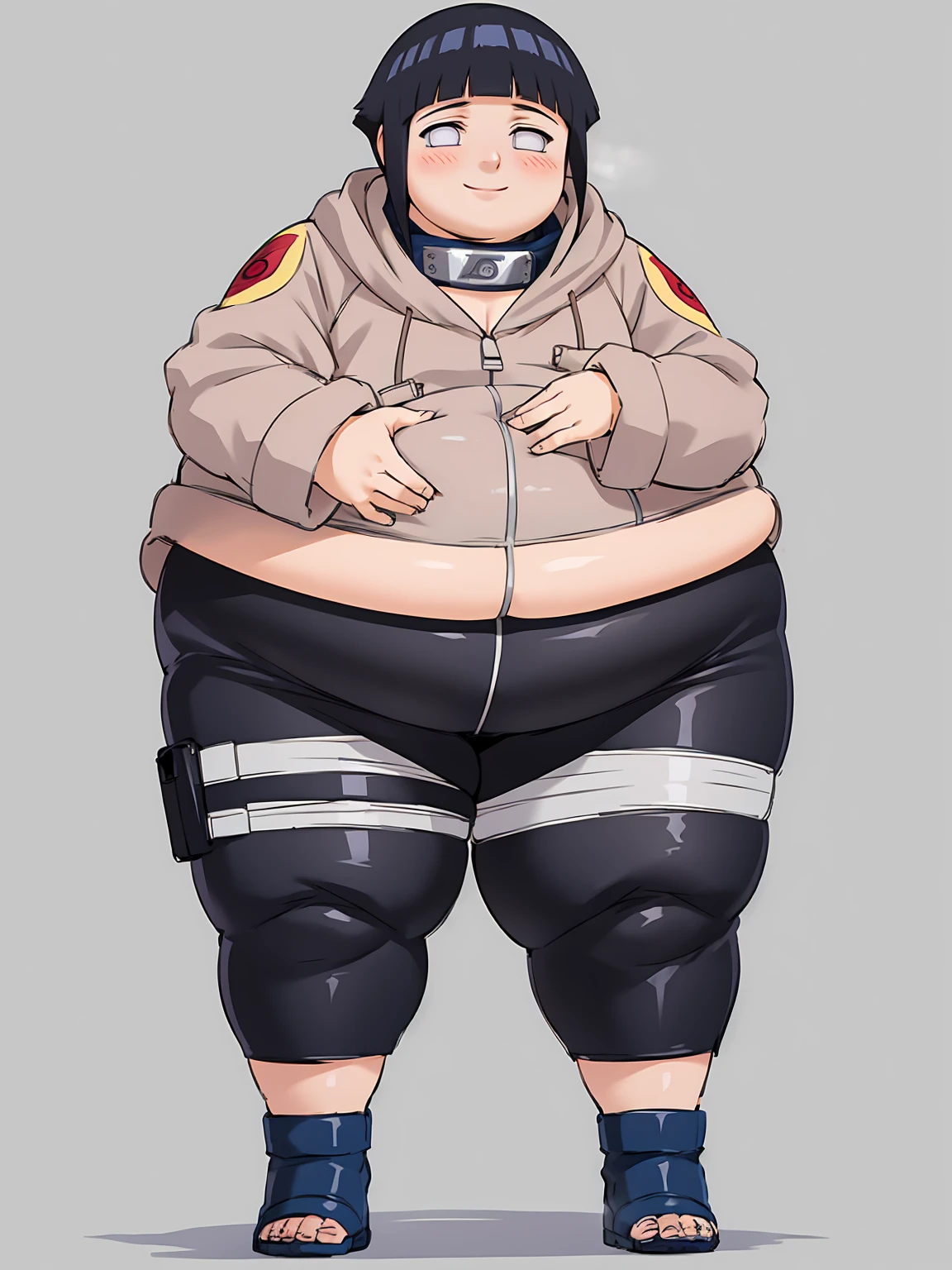 standing, shy, smile, blush, solo, 1girl, obese hyuuga hinata, thick thighs, perfect body, black hair, short hair, white eyes, no pupils, small breats, black pants, jacket, ultra detailed, masterpiece, best quality, aesthetic, detailed, white background