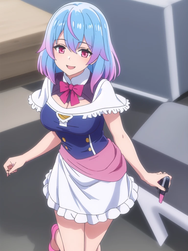 ((Best quality))), ((Ultra-detailed)), ((illustration)), ((Disheveled hair)), ((frilld)), (1 girl), (Solo), 1girl, looking_at_viewer, solo, standing, rating:safe, breasts, capelet, cleavage, clothes_pull, clothing, dress, female, footwear, high_heels, short_hair, makaria, shoes, skirt, skirt_hold, skirt_lift, skirt_pull, smile, white_dress, pink_footwear, pink_shoes, blue_hair,red_eyes,