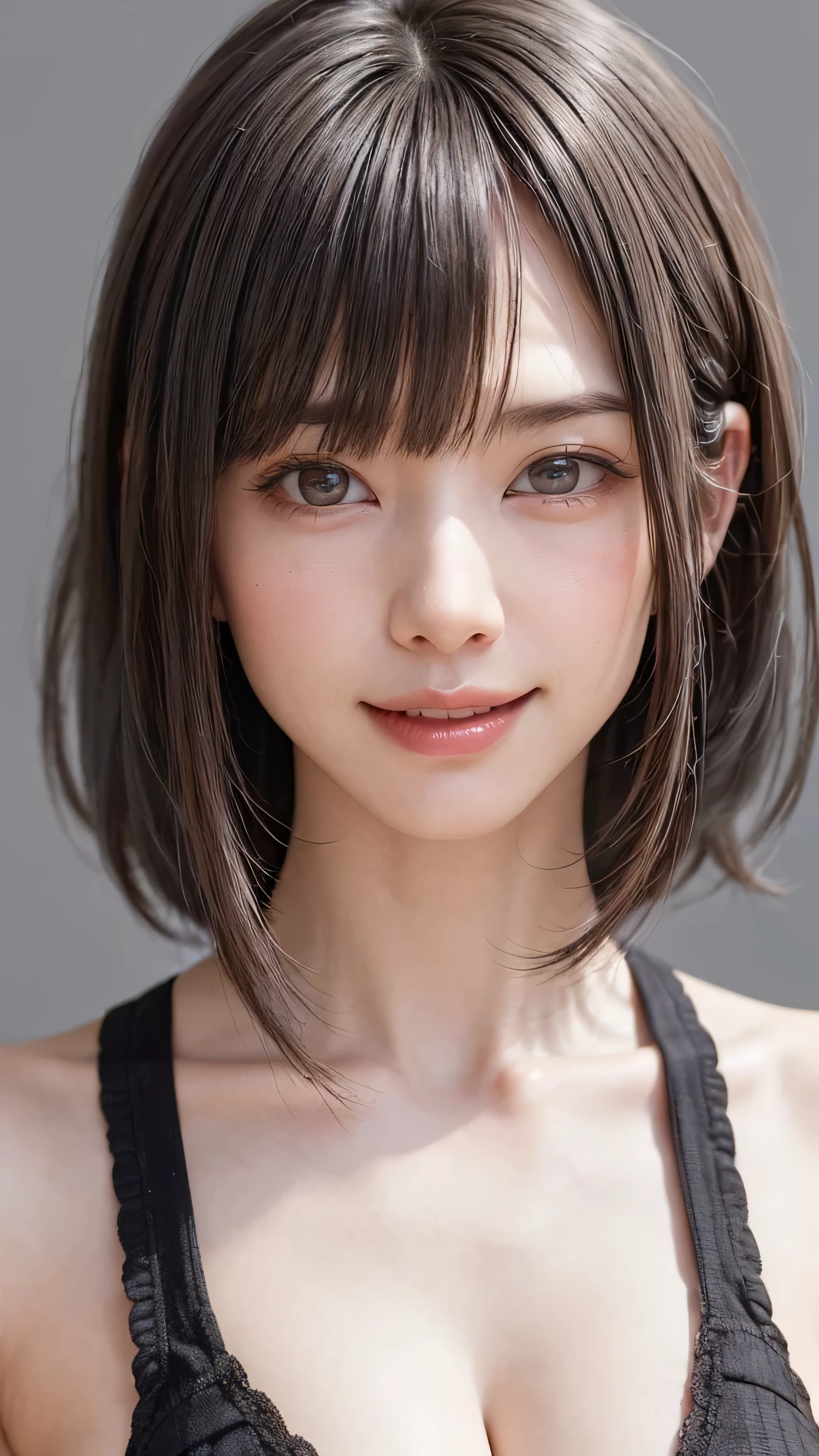 (software:1.8、masterpiece, highest quality),1 girl, alone, hyper Realistic, Realistic,Realistic, Looking at the audience, Light brown eyes:1.4,Brunette Short Bob Hair with highly detailed shiny hair,, Lepangas:1.4), Mouth closed, Upper Body、big chest eye、eyelash、{Huge|big chest|Hugeな|Mega} whole :2, Chest cleavage:2、(((Add highlights to the eyes:1.4、big chest eye、Short Bob Hair、Glowing Skin:1.4、Looking at the audience、She is very 美しい and cute、Show me your ears、Beautiful long neck、smile、Close your mouth and smile、Bangs and beautiful teeth)))、Ideal body type、((Very simple grey background:2))、Beautiful long neck:1.4、(({Huge|big|Huge|Mega} chest, Chest cleavage:2、Upper Bodyは服を着ていない:1.6))、(((Portraiture:2、Face close-up:2、Face close-up:2)))、Perfect Anatomy、((black v-neck knit))、thin silver necklace、Silver earrings、