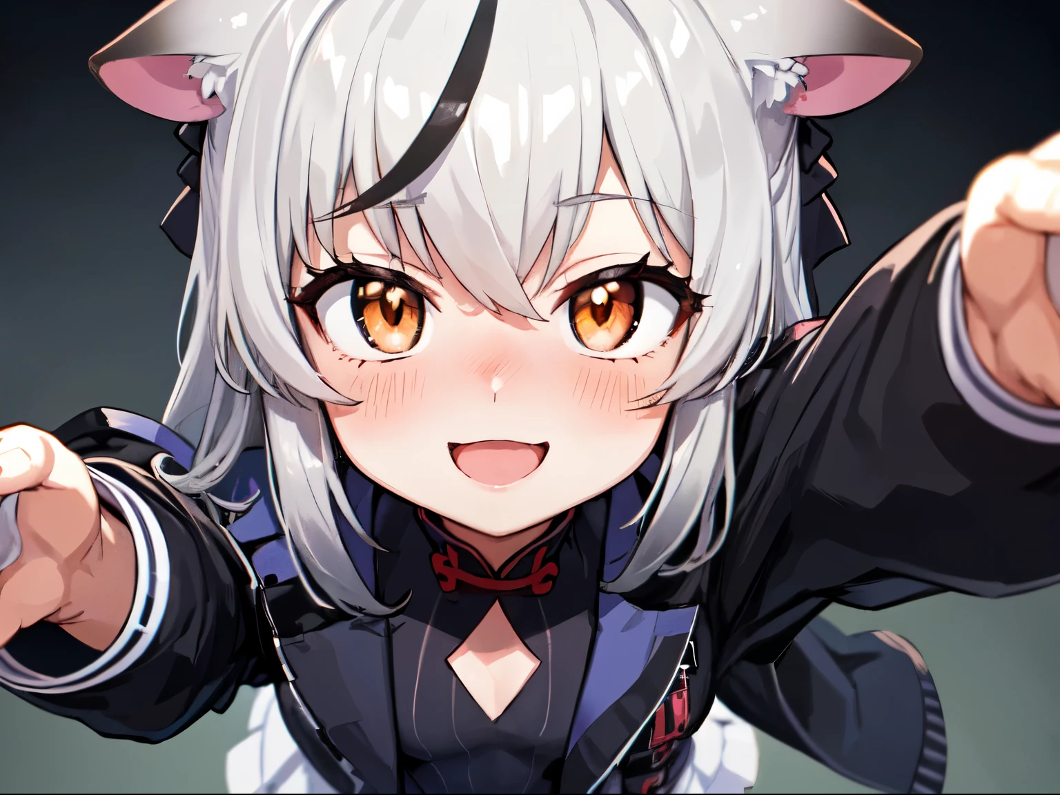 masutepiece, top-quality, ultra-details, Solo Focus, 
(1KOKONA, open arms for viewer), 
pigeon toed, 
, White hair, Orange Eye, Smile:0.8, blush:1.3, 
Black clothes, Black jacket, White skirt, 
(From-front-above, Close-up Face:1.4),