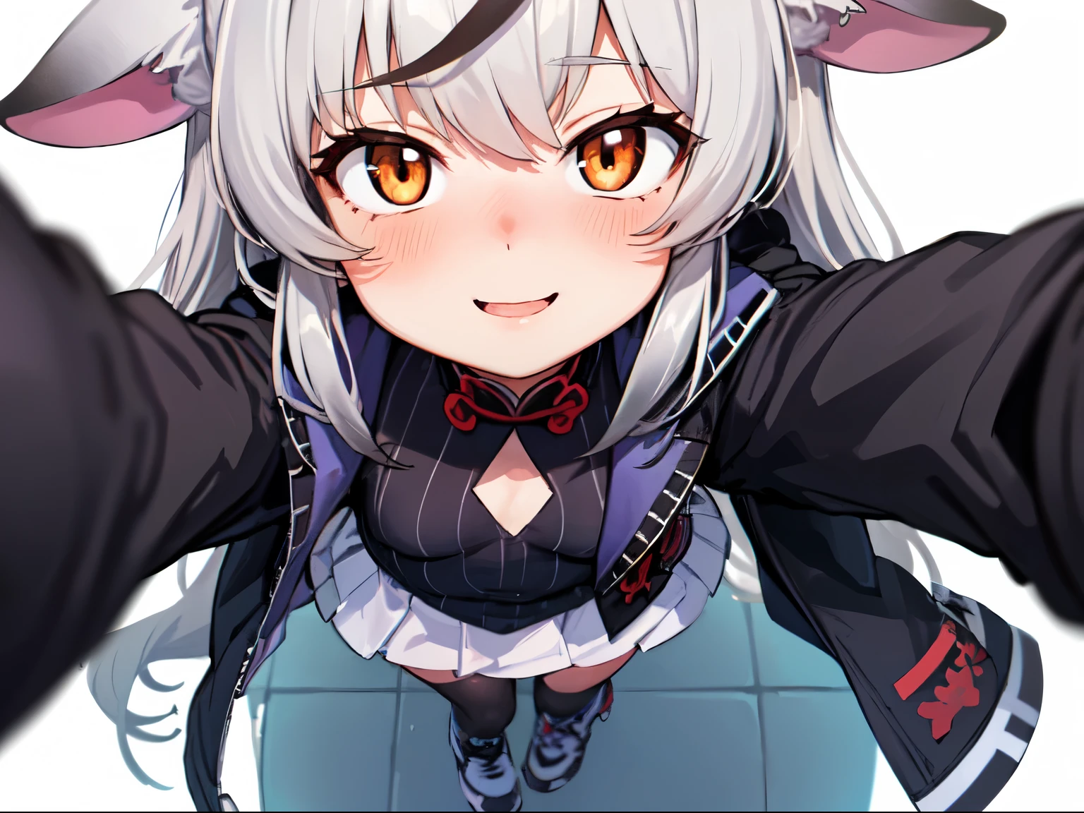 masutepiece, top-quality, ultra-details, Solo Focus,
(1KOKONA, open arms for viewer),
pigeon toed,
, White hair, Orange Eye, Smile:0.8, blush:1.3,
Black clothes, Black jacket, White skirt,
(From-front-above, Close-up Face:1.4),