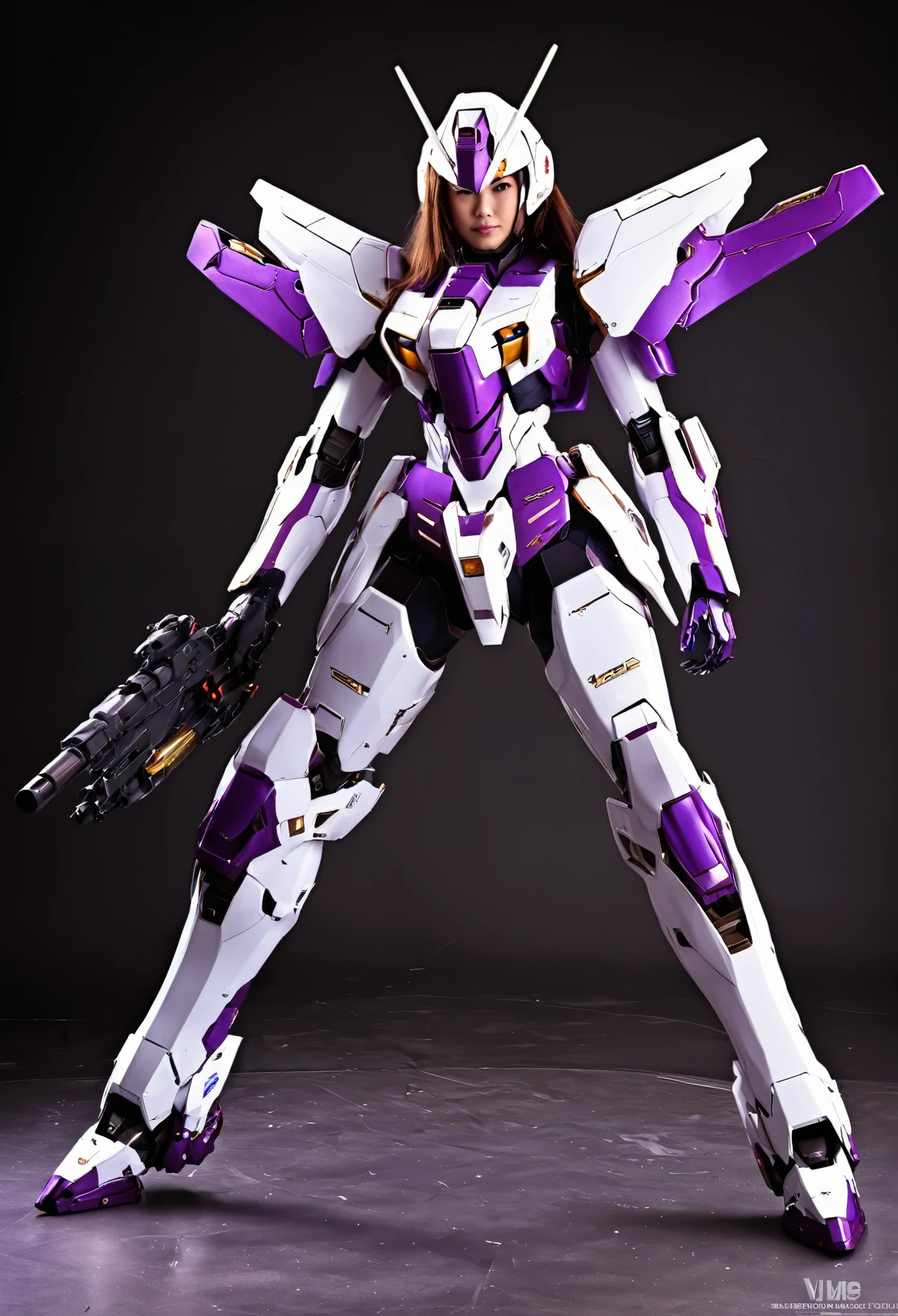 RAW, Masterpiece, Ultra Fine Photo,, Best Quality, Ultra High Resolution, Photorealistic, Sunlight, Full Body Portrait, Stunningly Beautiful,, Dynamic Poses, Delicate Face, Vibrant Eyes, a full body of a woman in a purple and white gundam custume, dybamic pose, long brown very very long hair rapunzel, girl in mecha cyber armor, portrait armored astronaut girl, d. va from overwatch, female mecha, on a gundam, gundam head, chiho aoshima color scheme, mobile suit, streamlined purple armor, fully robotic!! girl, realistic cosplay, gundam armor , full body, sit down, full body, sedang menggunakan headset virtual reality (VR) dan memegang pengendali, sementara ada drone di latar belakang. Sit down