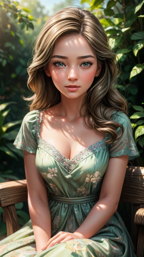 a beautiful girl in a garden with a cat, detailed portrait of a young woman with a cute cat, detailed facial features, porcelain skin, long flowing hair, elegant dress, sitting on a bench in a lush green garden, sunlight filtering through the trees, intricate flower patterns, (best quality,4k,8k,highres,masterpiece:1.2),ultra-detailed,(realistic,photorealistic,photo-realistic:1.37),detailed eyes, nose, lips, long eyelashes, warm color tones, soft lighting, serene and peaceful atmosphere, digital painting, oil painting style