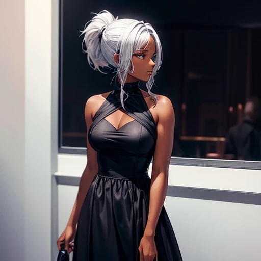 A dark-skinned woman with silver hair in a ponytail,Wearing a black cocktail dress,