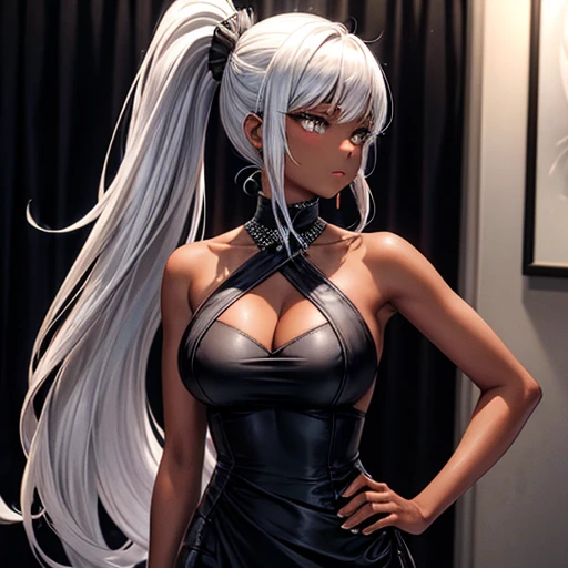 A dark-skinned woman with silver hair in a ponytail,Wearing a black cocktail dress,