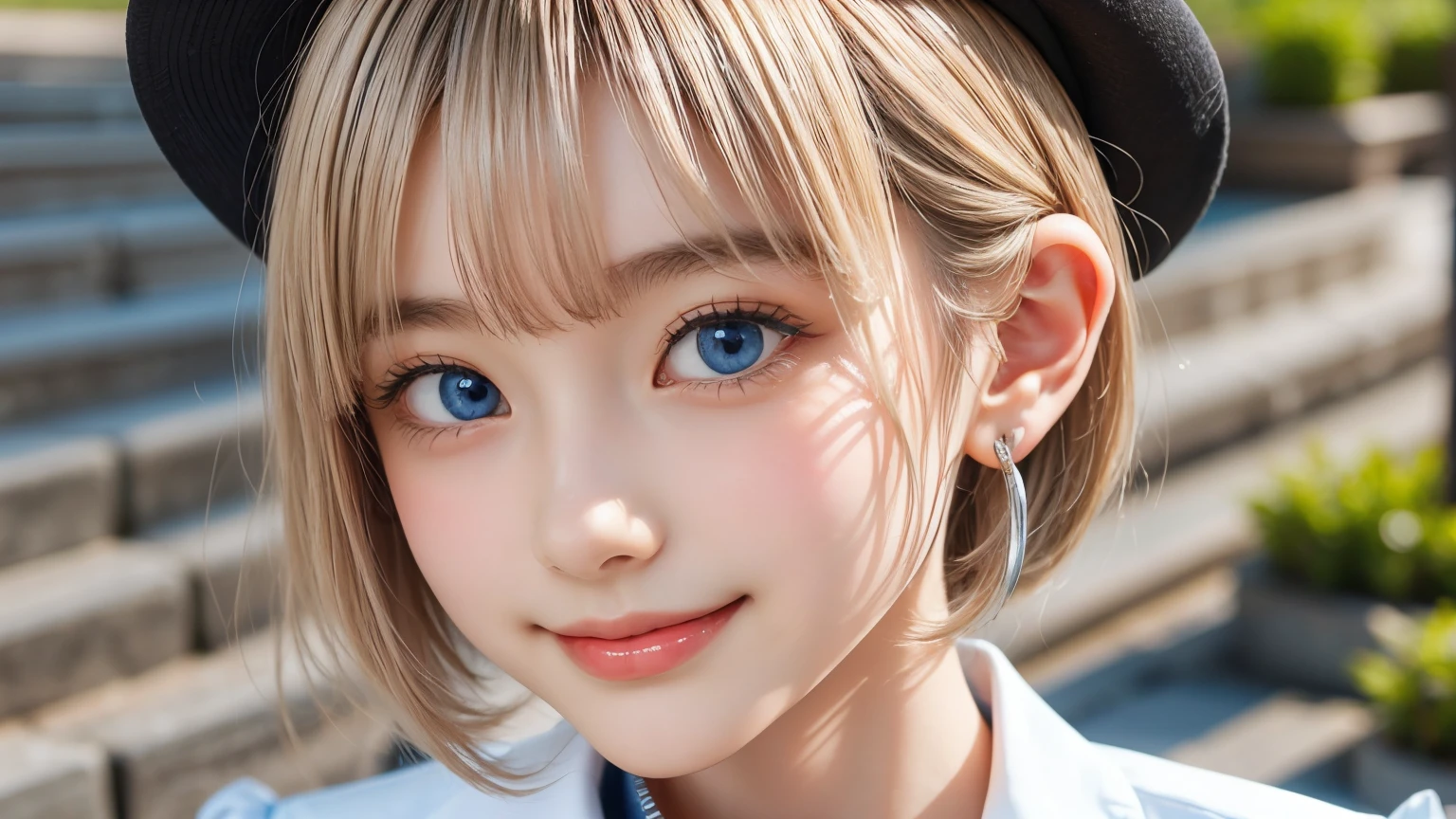 detailed face, cute face, master piece , best quality , woman , bowler hat , bangs , smile , outdoor, Shiny platinum blonde silky super short hair, side locks, beautiful shiny bangs, big clear sky blue eyes, very beautiful light eye highlights, earrings