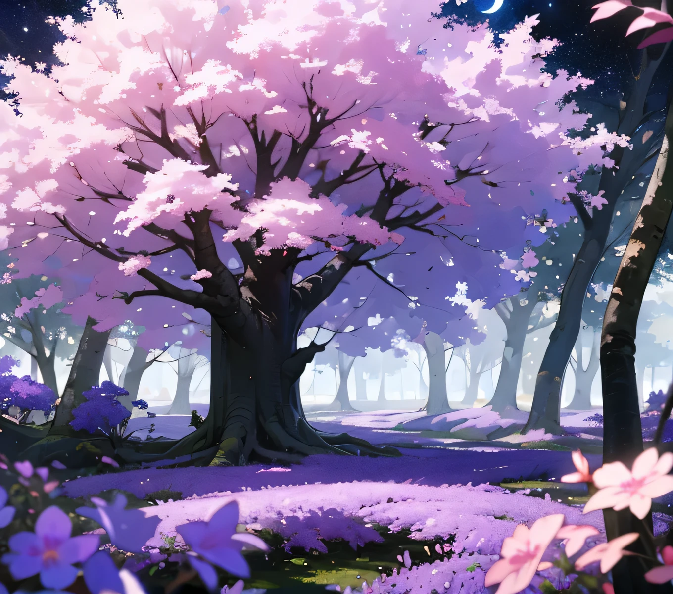 ((best quality)), ((masterpiece)), (detailed), Purple leaves, Jacarada trees, Jacarada forest, Large forest, falling leaves, starry sky, moon shining through canopy, dense canopy, bright purple leaves, night time, straight forward perspective, no people, forest background, many trees, lush forest, forest clearing, surrounded by trees, Pink dogwood, pink dogwood leaves, pink leaves, dogwood and jacarada, dogwood and jacarada forest, pink dogwood forest, dim light, dark forest, trees covered in moonlight