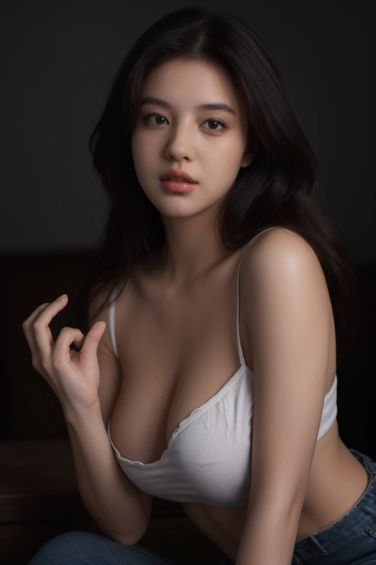 ((top-quality、masterpiece、8K、Top image quality、Very complex and detailed details))、1 female、(hide all hands:1.5)、(black long hair)、(White lace bra), (((Photographed from a side angle, My chest is visible through the gap in the armpit.))), looking at viewer, big and full breasts, (big breasts:1.3), no_bra, covered_nipples, exposed cleavage, (perfect body), (long black hair), (long hairstyle), ((seductive pose, Realistic proportions, Good anatomy.)), (best detailed skins, skin texture:1.1), (background at the office), super detailed, best quality, ultra high res, Raw photo, Nikon D850, backlight, rim light, film grain:1.2, (warm hue, warm tone:1.2), (color photo), (realistic,Hyper-realistic:1.37), 16K HD, INFO, ((cowboy shot)).