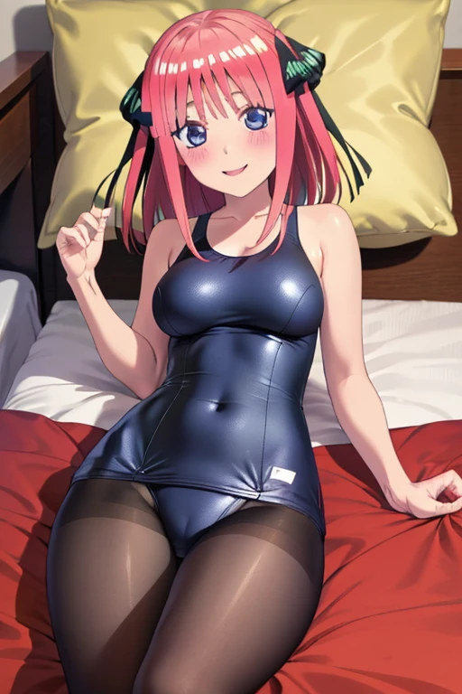 best quality, ultra-detailed masterpiece, nino nakano, one-piece swimsuit, breasts, pantyhose, blush, smile, cushion, bed room