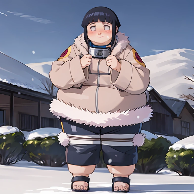 standing, shy, blush, solo, obese hyuuga hinata, 1girl, black hair, white eyes, no pupils, jacket, coat, forehead protector, fur trim, konohagakure symbol, long sleeves, pant, sandals, snowing, ultra detailed, masterpiece, best quality, aesthetic, detailed,