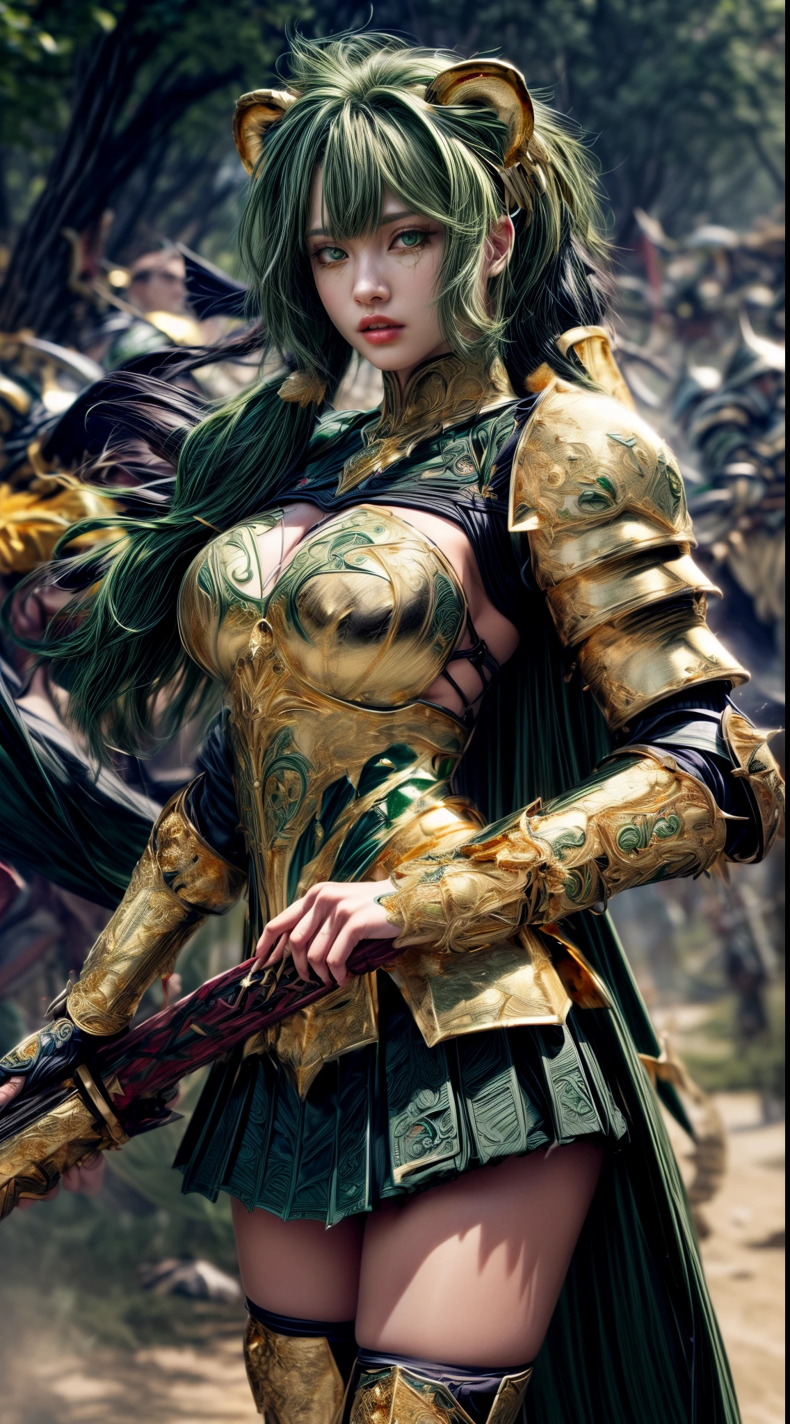 Very cute 、No makeup、Slender、(((low length)))、(Detailed face)、Realistic Skin、((Wind Knight)), ((Dark Green Armor))、((((Deep green armor with very fine and intricate gold detailing:1.5))))、((Delicate photo)),(Girl Astepeace RAW Photo Details:1.25), (highest quality:1.6), (超A high resolution:1.5), (Realistic:1.75), 8K resolution, Canon EOS R5, 50mm, Absurd, Ultra-detailed,Cinema Lighting,((battlefield))、((battle))、(((Embellished black skirt)))、Thigh-high socks、Shin Guards、((pastel green hair))、((Low Twintails))、((Hairstyle with bangulticolored Hair))、(Six-pack)、Cape、Beautiful Armor、(((Has a huge weapon)))、(In combat)、The wind is blowing、((Symmetrical Armor))、((((tornado))))、(((Leading a large group of knights:1.2)))、Banner、(Lion-themed armor)、(((Battle Scene)))、(((Dark green lion)))、((nsfw))