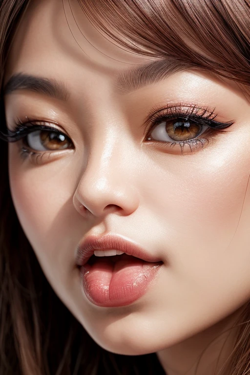 Close-up of the face from the front、Hot, thick red lips、He stuck out his tongue and opened his mouth.、Japanese、Mature Woman、40 years old、Detailed face、