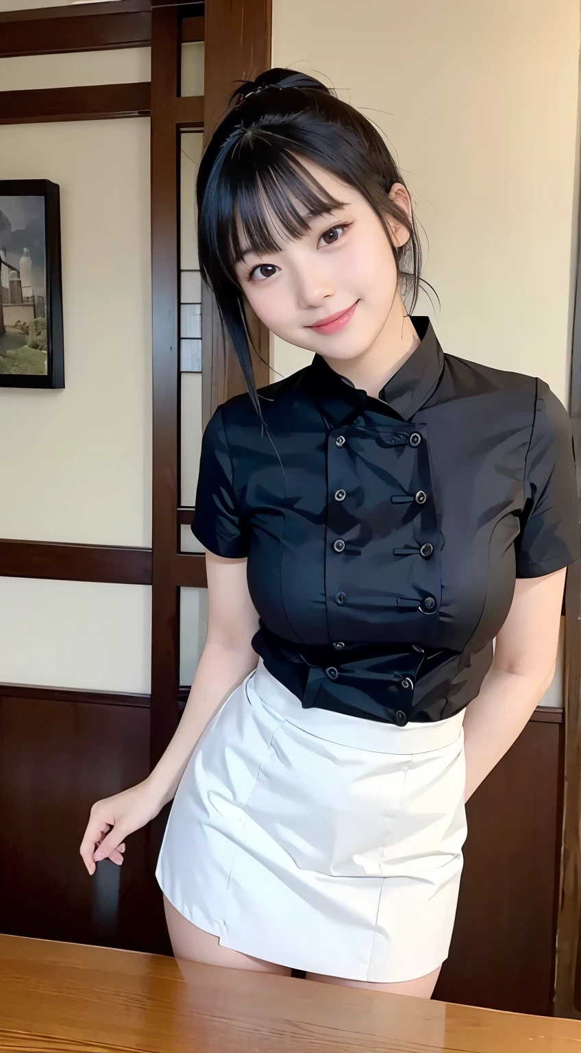 (highest quality,masterpiece:1.3,Ultra-high resolution,),(Very detailed,Caustics),(Photorealistic:1.4,RAW shooting,)Ultra-Realistic Capture,Very detailed,High resolution 16K human skin closeup。 Natural skin texture、,Pores、、、、It must be detailed enough to be easily identifiable。 Skin tone is even and healthy looking。 Use natural light and color,restaurant,Waitress Uniform,1 girl,Japanese,18-year-old,cute,Black-haired,ponytail,Big Breasts,smile,Turn your body forward,(Front view:1.1),Looking at the camera,Cowboy Shot,